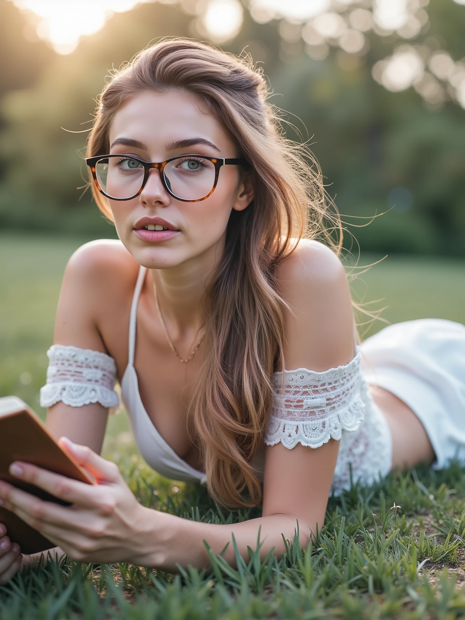 High quality and high definition photo. there is slender young European woman in glasses laying on the grass reading a book, with glasses, girl with glasses, with square glasses, attractive girl, with glasses on, cute young woman, wearing square glasses, reading glasses, attractive woman, young and cute girl, wearing glasses, girl wearing round glasses, thick glasses, a cute young woman, attractive photo, good young girl
