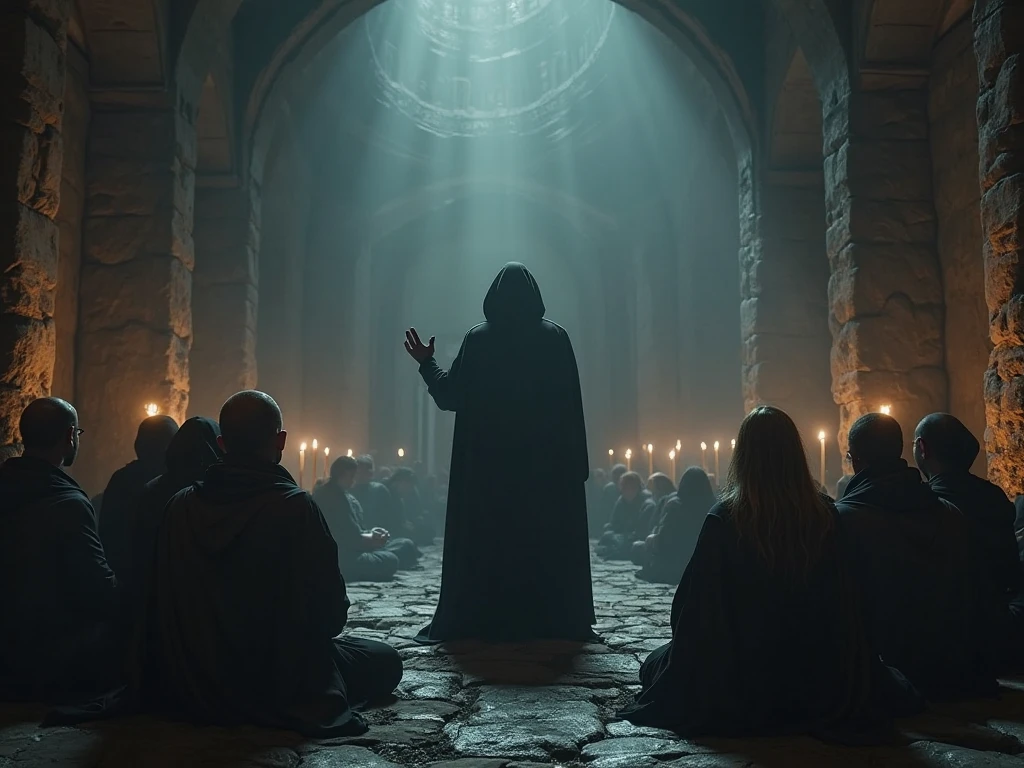 8k、(low angle Bust up on the subject), (number々の賞を受賞したmasterpiece、Incredible detail、Texture、Maximum details),purple flame candle, (summoning magic),(St George's Church in Lalibela at night (Church of Saint George) - Ethiopia), (dark ritual),(dark organization)arafed image of a group of people in a church with candles,lit candle, dark cinematic concept art, elegant cinematic fantasy art, photorealistic dark concept art, by Beeple, dark robes, wojtek fus, gothic epic library concept, gothic epic library, epic cinematic concept art, dark concept art, Beeple and mike winkelmann, symmetrical epic fantasy art, High resolution, masterpiece, Highest quality, Intricate details, Very detailed, Clear focus, practical skin texture, texture, Shot with Canon, 85mm, Shallow and deep, Kodak Vision Color, Exactly, Very detailed, photograph_\(Extremist\), photographpractical, practical, Post-processing, Maximum details, Roughness, Real Life, Extremist practical, Photorealism, photographgraphy, 8K Ultra HD, photographgraphy