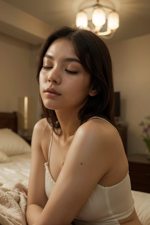lens: 135mm f1.8,(Highest quality),(Tabletop:1.1), (Beautiful 14 year old Japanese girl), (Moisturized lips), Narrow eyes, double eyelid,Delicate clavicle,Flat Chest,Shortcuts,
(Let me me'Let me'Let's take another look), (close:1.4), shame, A faint smile,
(Spotted sunlight:1.2), Dramatic lighting,
(Taking off the uniform), (Sunburned skin:0.2),Full body photo、Full Body Focus、Sit on the floor with your legs open