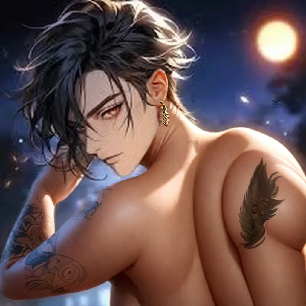 1boy,11 only、(Man's :2) ,Handsome boy,brown colored long hair、 Collar,tattooed、Upper body naked、on back、starrysky 、sand beach、beautiful lighting、hightquality、masutepiece,8K,