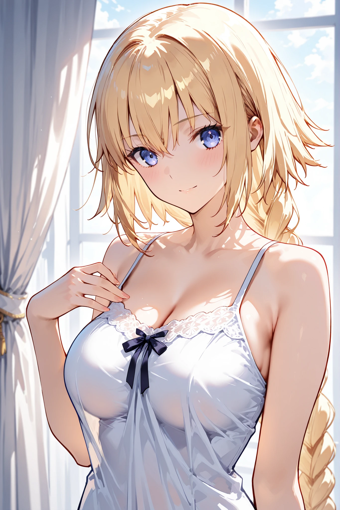 (sixteen years old:1.5), (tiny girl:1.2), (a beauty girl:1.3), (Beautiful blonde hair:1.3), (Wavy Hair:1.5), (Shorthair:1.5), (Clear blue eyes:1.3), (Soft lips:1.3), (red blush:1.4), (suprised:1.3), (embarrassed from:1.2), (Crystal clear white skin:1.3), (Lustrous skin:1.3), (Fine skin:1.5), (Superb female body:1.5), (Beautiful collarbone:1.3), (tiny chest:1.5), (camisole:1.3), (Fluttering chest:1.2), (hiding breast:1.2), (looks to the side:1.2), (a closeup:1.3), (to close range:1.3), (Only the upper body and head can be seen:1.5), (The most detailed girls:1.2), (perfect hand:1.2), (masutepiece:1.2), (High resolution:1.2), (best qualtiy:1.2), (Detailed backgrounds:1.4), (textile shading:1.2), (Extremely delicate and beautiful:1.2), (8K:1.2),whole body、fullbody