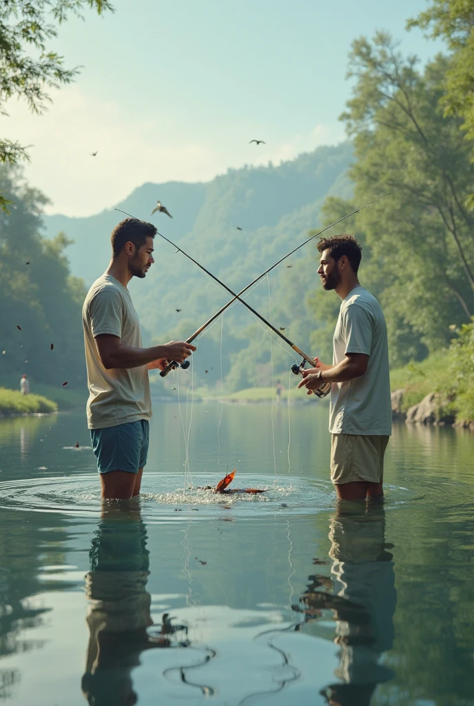 Two handsome young men, with beautiful faces, white skin, soft skin, skinny, short black hair, shirtless, in a fishing swamp, teaching their friend how to fish.