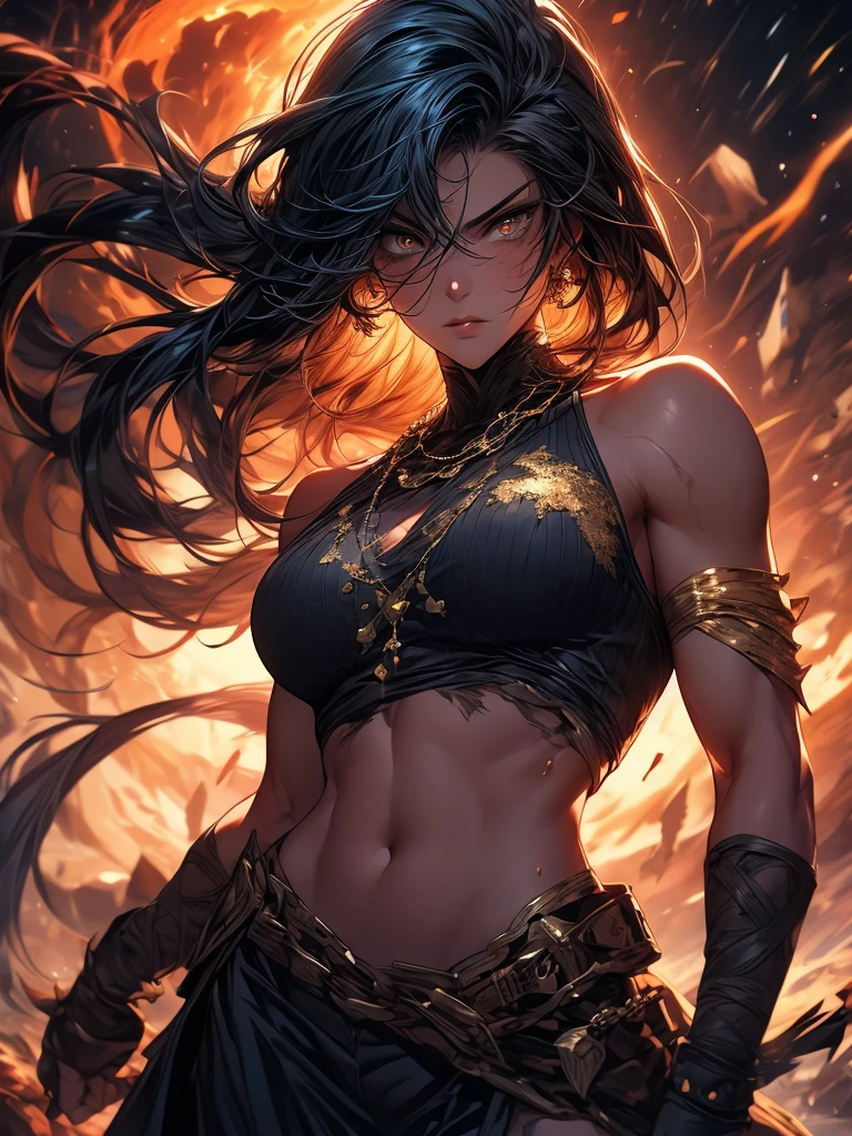 ((Simon Bisley)), Beautiful full-body woman, 30 years old, muscular and perfect body, fierce warrior, fighting with fury with her sword, wide belt at the waist made of ornate gold, Hercules-style clothes, spartan, with micro clothes, with little clothing, tiny thong, large breasts, generous neckline, holding a giant, dirty and torn sword, fantastic art outfit,  Hair fulfilled or short, brave face, dark kingdom, sexy pose, on a battlefield
