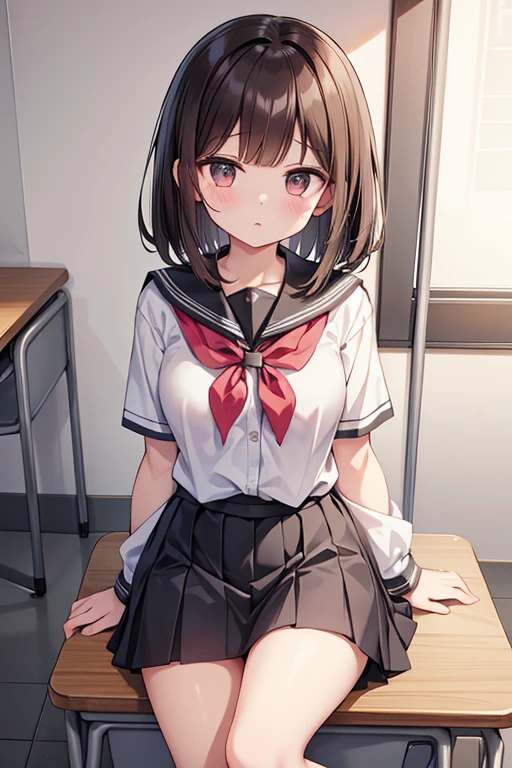 very cute and beautiful girl,(highly detailed beautiful face),
(smile),blush,serafuku,pleated navy blue mini skirt,black hair,sitting,(spread legs,white panties),
wooden classroom,window,distant trees and town,
(best quality,masterpiece:1.0),absurdres,highres,ultra-detailed,extremely detailed,32k,8k resolution,
intricate details,cinematic scene,detailed background,solo,dynamic angle,