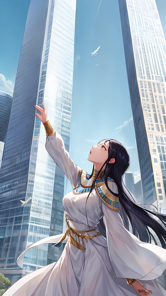 A woman, ancient Egyptian attire , white dress , long sleeves, eyeliner , looks up , amazed , skyscrapers in the background 