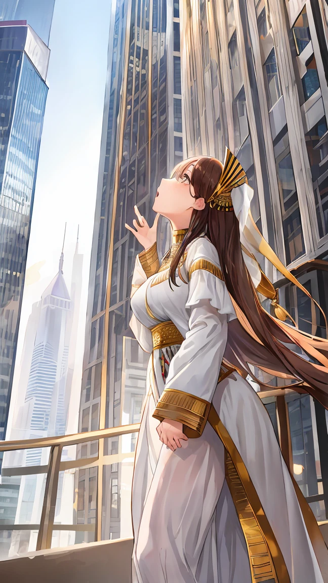 A woman, ancient Egyptian attire , white dress , long sleeves, eyeliner , looks up , amazed , skyscrapers in the background 