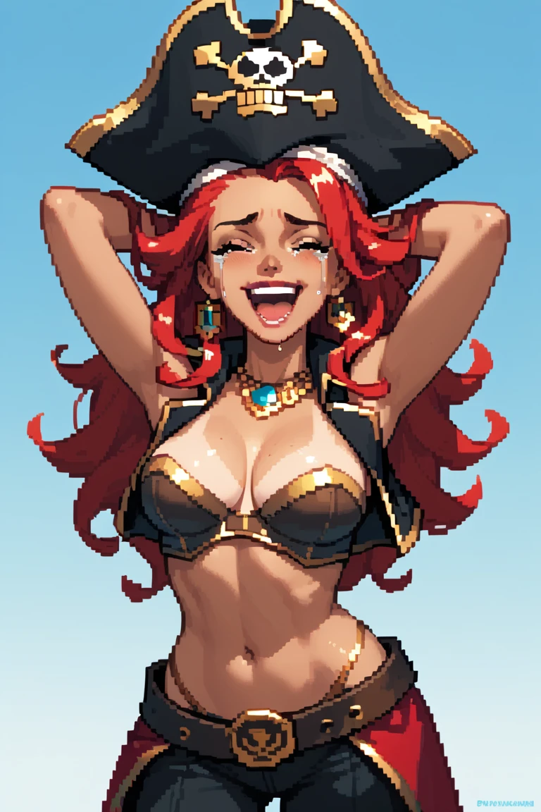 urbosa wearing a pirate costume, leather bustier, white shirt, pirate hat with feather, action pose, flintlock pistol, eyepatch, <lora:urbosa-128-32:0.9> art by <lora:BimboPhi:0.6> BimboPhi