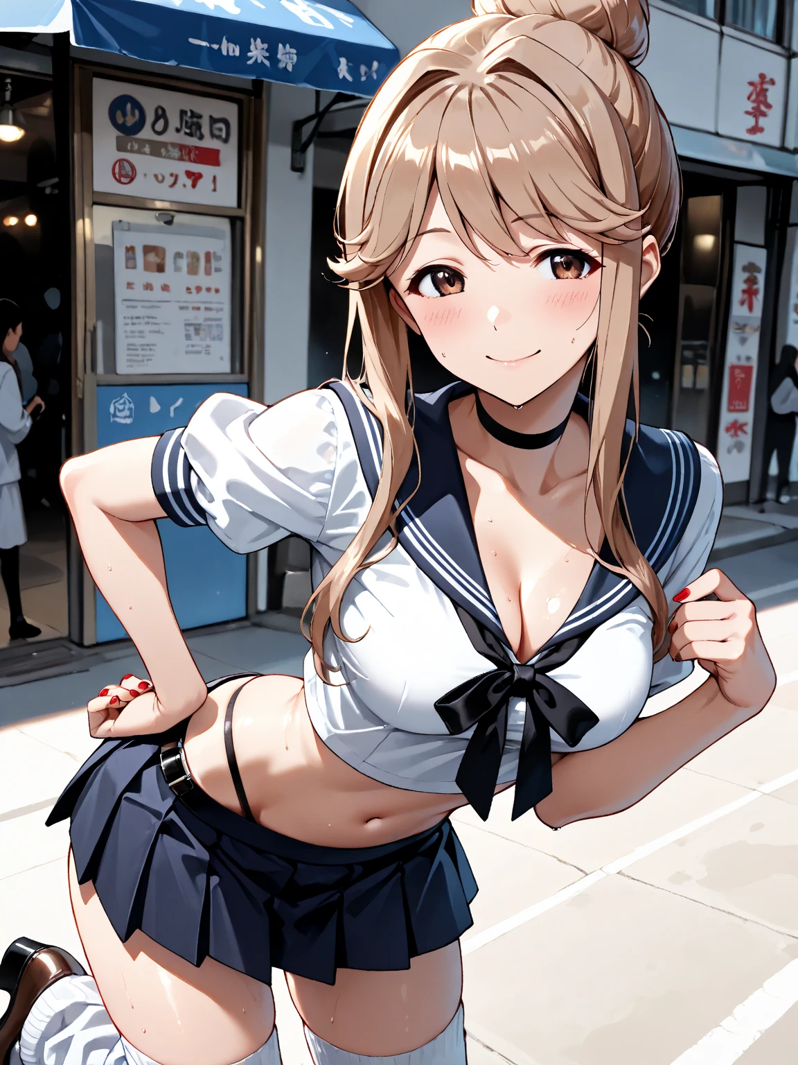 (nsfw:0.7),(RED Ribbon on HAIRband:1.2),realism, (realistic:0.85), illustration, (old city:1.1), flasher, public indecency, 18 years old 💫👧💖 is (standing:1.3) and wearing [harajuku school uniform:(kawaii pattern on clothes:1):(accessories on clothes:1.5):0.3], (cute accessories on multilayered hair:1.3), long sleeves, seductive grin smug, small breast, skirt, fishnet pantyhose, (revealing clothes:1.2), (colorful micro bikini:1.1), (forward pelvic:1.3), spread legs, hands behind head, fisheye