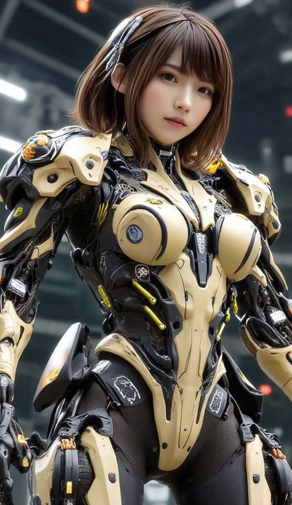 High resolution, Exposed breasts, Shortcuts, Brown Hair, Tiger-themed mecha, High resolution, accurate, Anatomically correct, 最high quality, detail, 高いdetail, high quality, Multiview, Exposed shoulders, Exposed Skin, Neon Light,