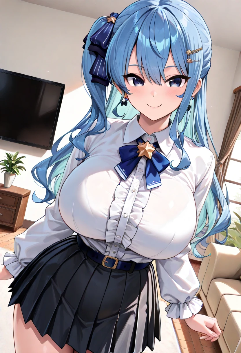 (obra-prima: 1.5), 4k, 8k, (alta qualidade: 1.1), rosto altamente detalhado, detalhado, HDR, cores vivas, natural lightting, olhos bonitos, rosto bonito, 1menina_aqua_konosuba, adulto, cabelo azul, cabelo azul longo, olhos azuis, camisa oversized, fora do ombro, saia, sentado, mesa com bolo, feliz