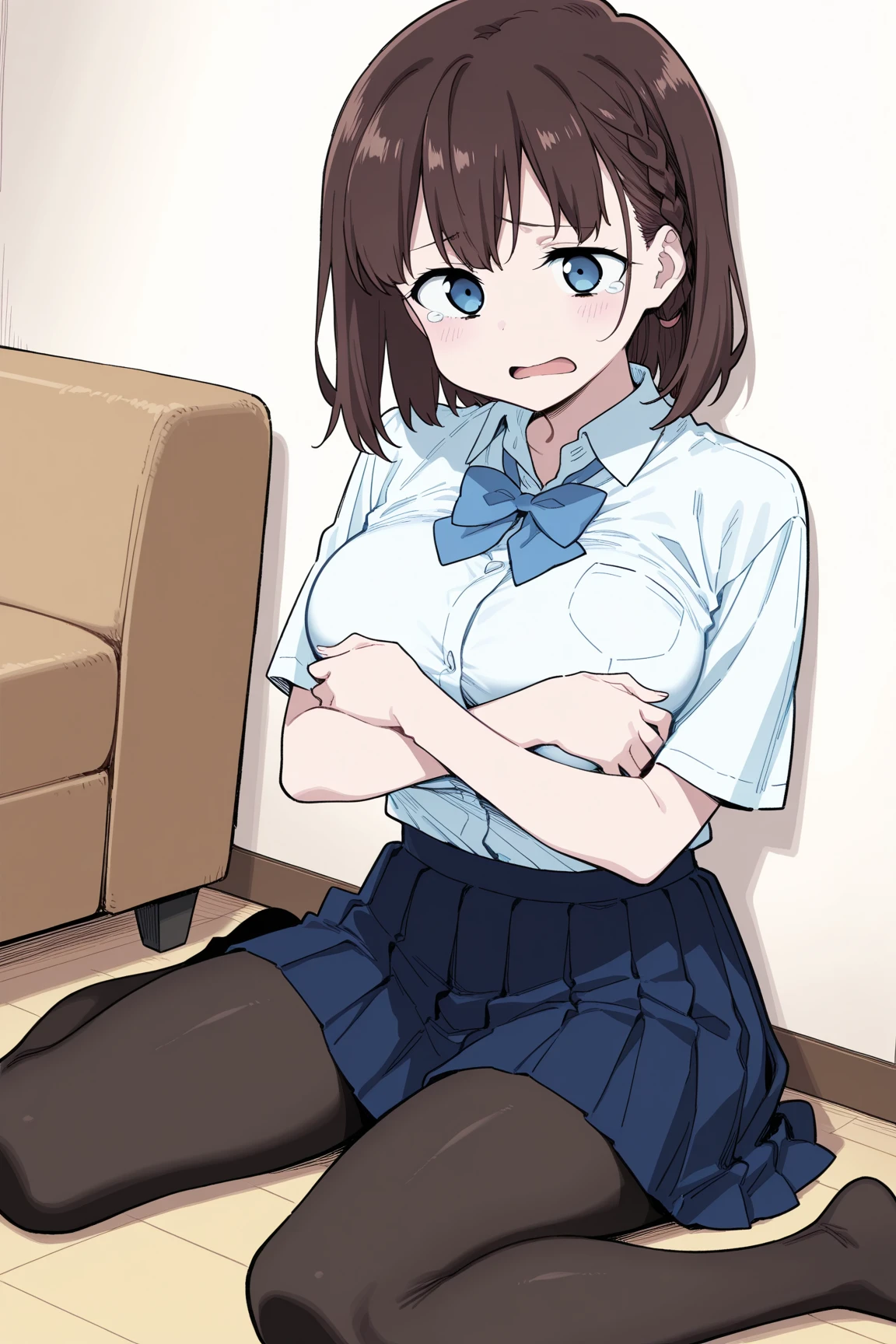 Short haired anime girl kneeling in front of a man and showing her tits
