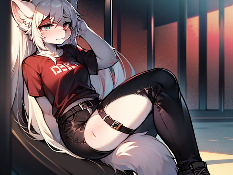 a slim white female wolf furry with blue eyes, wearing black sports bra and black shorts and a necklace, blushing and nervous and worried, lying down on an operation table, beside operation tools, hands and feet tied, legs straightened, high angle, basement background