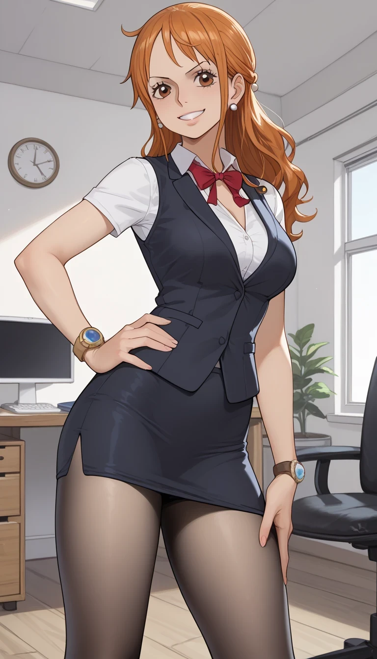 score_9, score_8_up, score_7_up, source_Anime Top Quality、8k、 masterpiece、super high accuracy、 natural light、perfect anatomy、one woman、medium breasts、saggy breasts:1.7、one piece、nami、(smiles)、office lady、office suit、(Office Vest、wrap a red ribbon around your neck)、tight pencil skirt、pantyhose、(Living Room)、Standing Yoga Poses