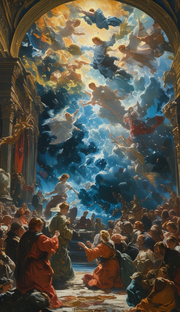 Painting of the ceiling with circular paintings of angels and demons, Inspired by Giovanni Paolo Penini, Album art, Inspired by Pietro da Cortona, Renaissance rain clouds overhead, Sistine Chapel ceiling, Inspired by Gian Lorenzo Bernini, Symmetrical Baroque painting, painting on the ceiling, George Vasari placeholder image, author：Justus Van Ghent, Inspired by Francesco Albany