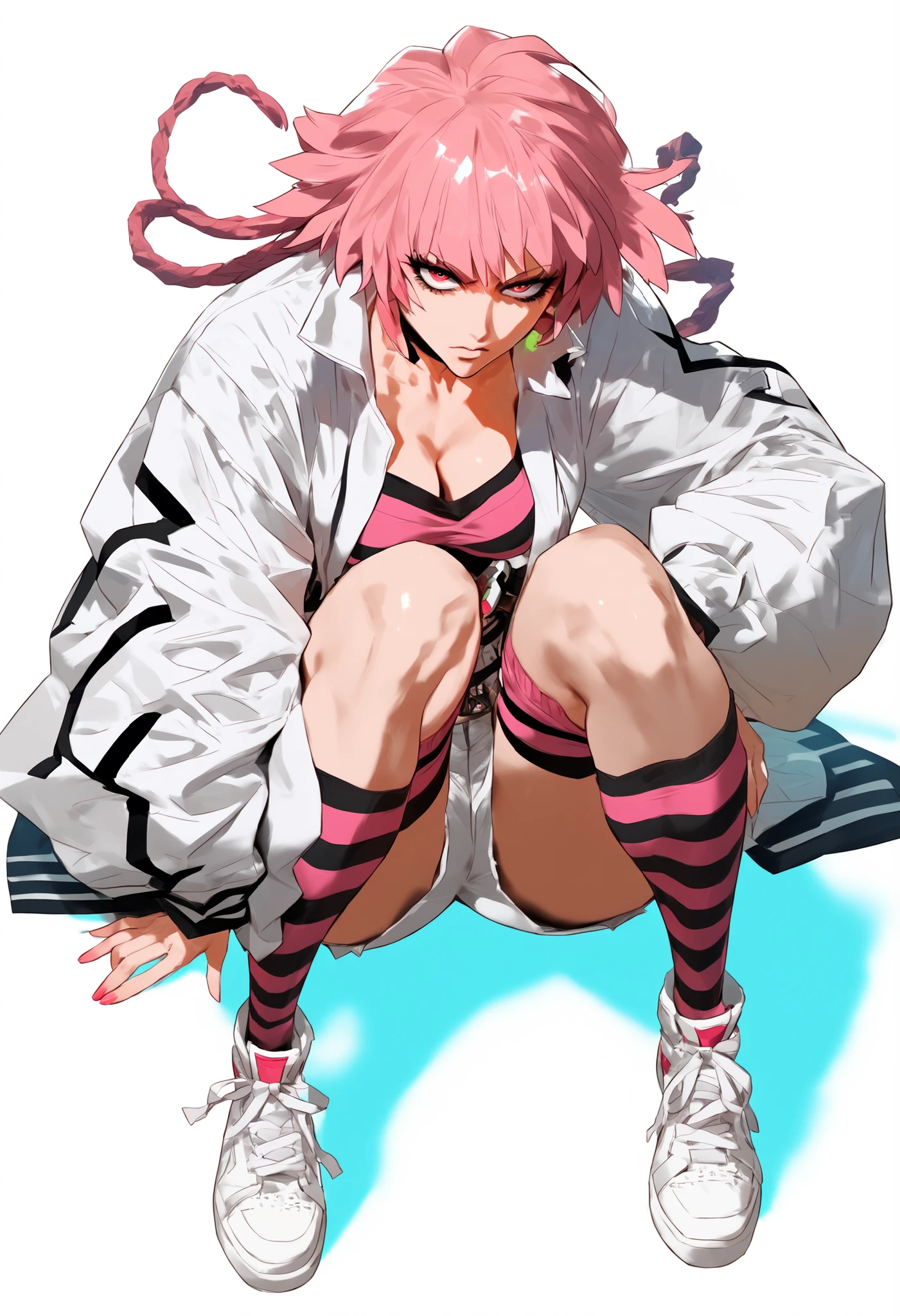 Girl styled in anime style with voluminous hot pink hair and big eyes, wearing a pink and white themed outfit with cherry details and number 105, oversized jacket tied at the waist, striped socks and sneakers combining, pele morena, soft expression, fundo claro, vibrant and colorful art style, clean and stylized line.