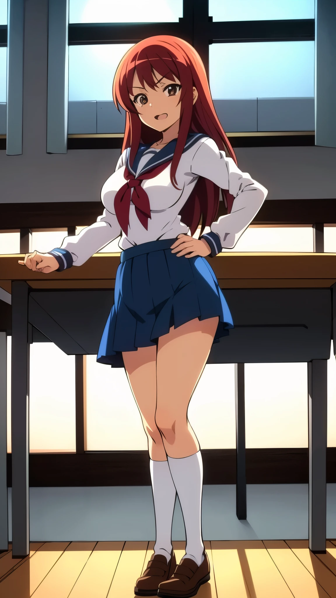 inside classroom, anime style, 8k, masterpiece, ultra high res, break wearing school uniform, red hair, long hair, sensual face, tall, busty, break standing, full body shot,