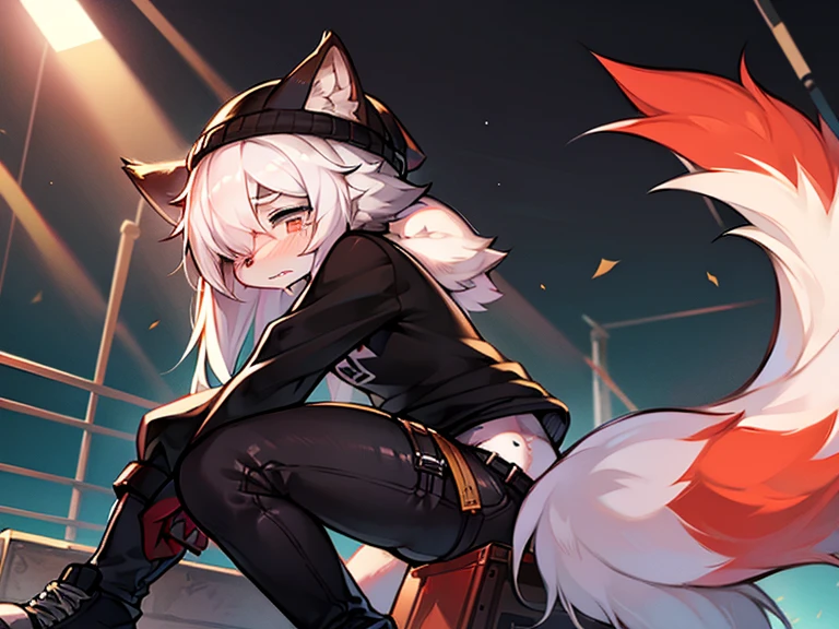 1 girl, anthropomorfic fox, anthro, fox, white fur, blue fur, white details, glowing red eyes, e621, black clothage, whiteears, black paws, blue hair, long hair, cute, chibi, holding two revolvers. full moon, powerful