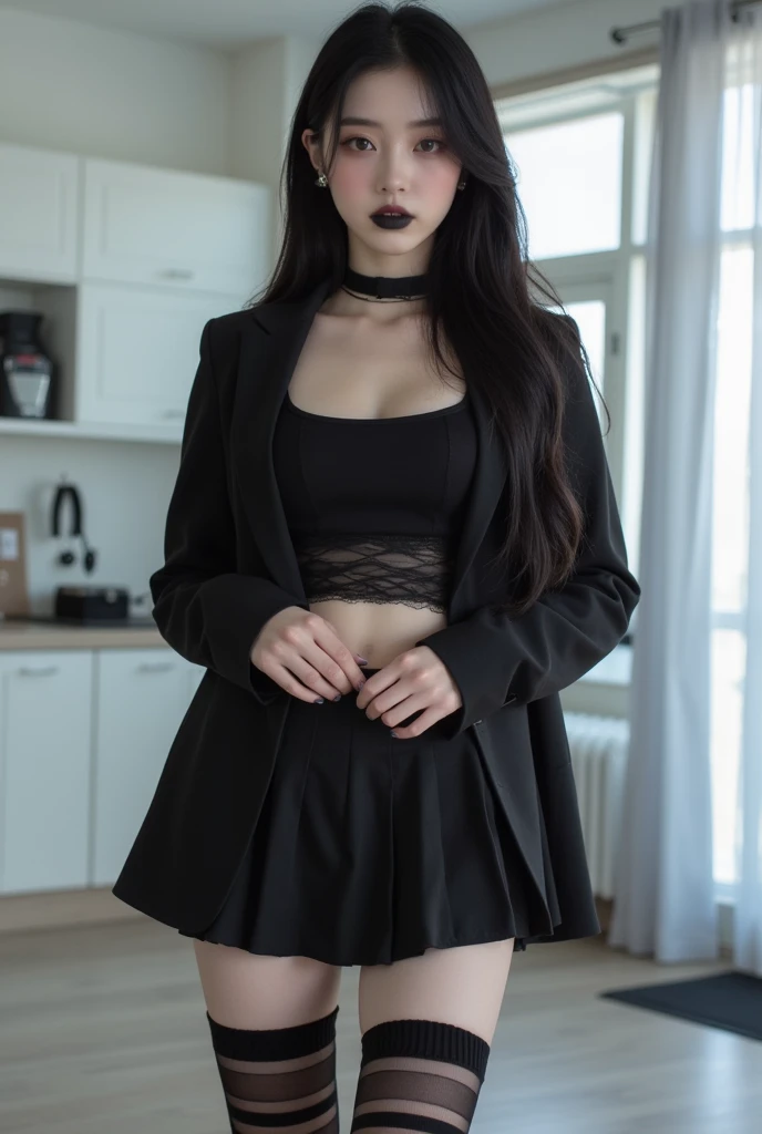 1 girl, pale skin, black and red medium hair , black shirt, black stockings, black necklace, dark blue eyes.