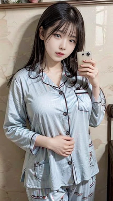 （1 Korean star of the royal sister style）,((best qulity, 8K, The Masterpiece:1.3)), focal point:1.2, perfect figure beautiful woman:1.4 , (Funny expressions),Highly detailed facial and skin texture, detailed eye, Double eyelid，Whiten skin，(Air bangs:1.3),(Round face:1.5),Just came out of the bathroom after taking a shower Selfie Home Natural and real Wearing pajamas No leakage of meat Background in bathroom in the bathroom