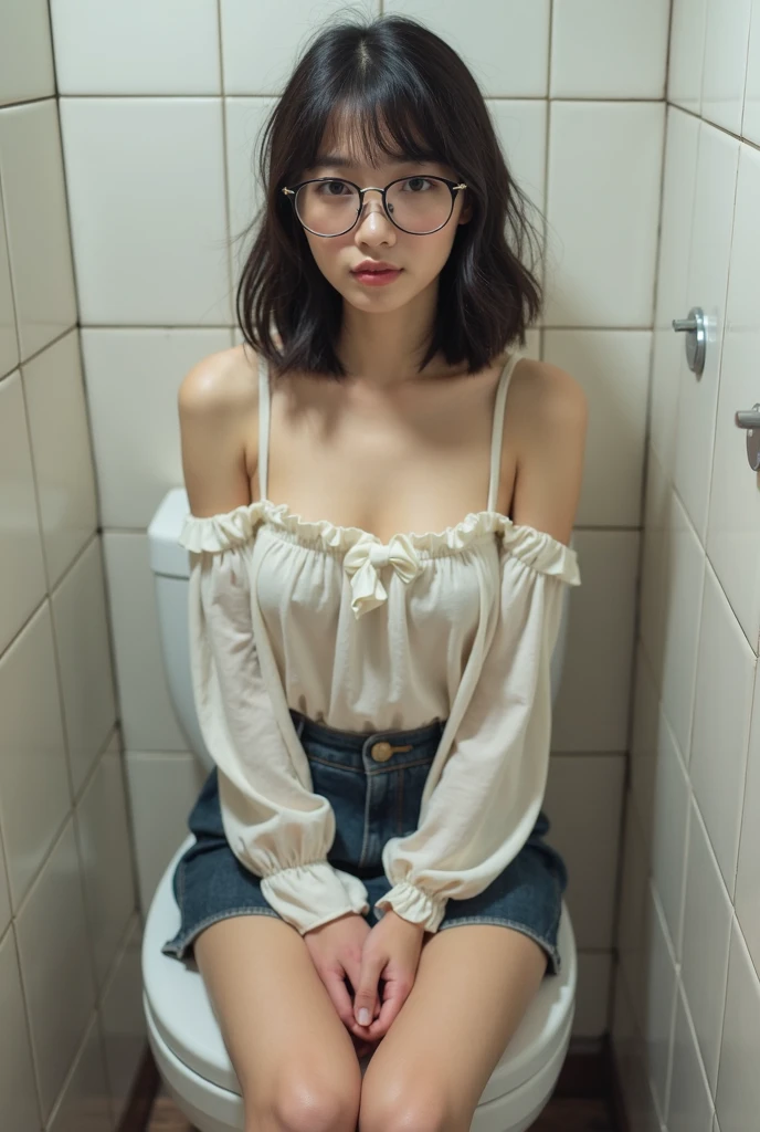 (8k、RAW Photosgraphy、Public toilets Sit on the toilet Wearing glasses Black-rimmed glasses Pure white shirt Checked Skirt highest quality、masterpiece:1.2),Absurd Small Face Small Tits Flat Chest Part your bangs down the middle Black Glasses No makeup Light makeup The forehead is visible(close your eyes Crying loudly tears) 学校のトイレSit on the toilet M-shaped legs slouch Both hands tied with rope from above Arms crossed masterpiece highest quality RAW Photos Small breasts cute Japanese women front(Flat Chest) Top view angle Hold your crotch Bring your chest together with your arms Thin legs Long Bob Cut(I can see the bangs) Nogizaka Idol Open your shirt wide to reveal your chest、
