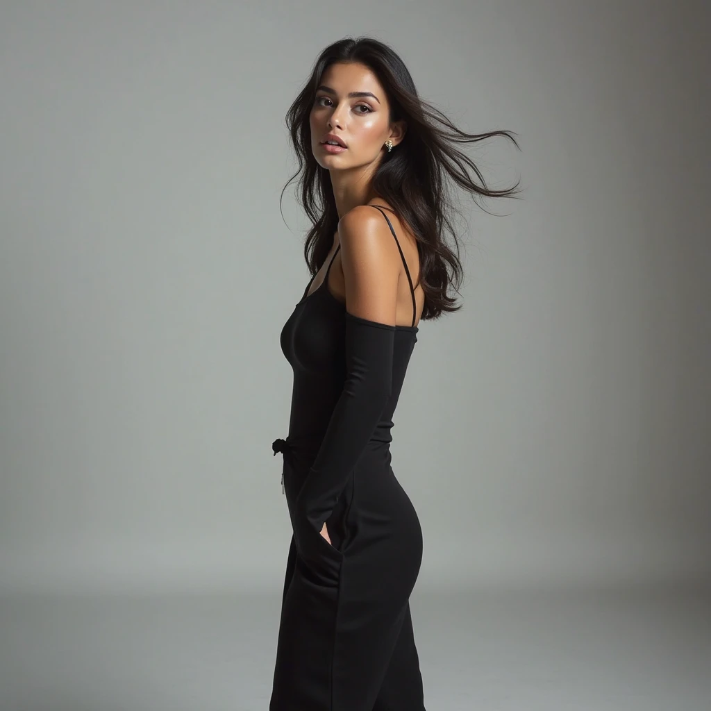 16 thousand., slim attractive model with anerexia, bright skin, long straight dark hair, hair down, wear a black shirtdress, Light room, soft shadows, photographic quality