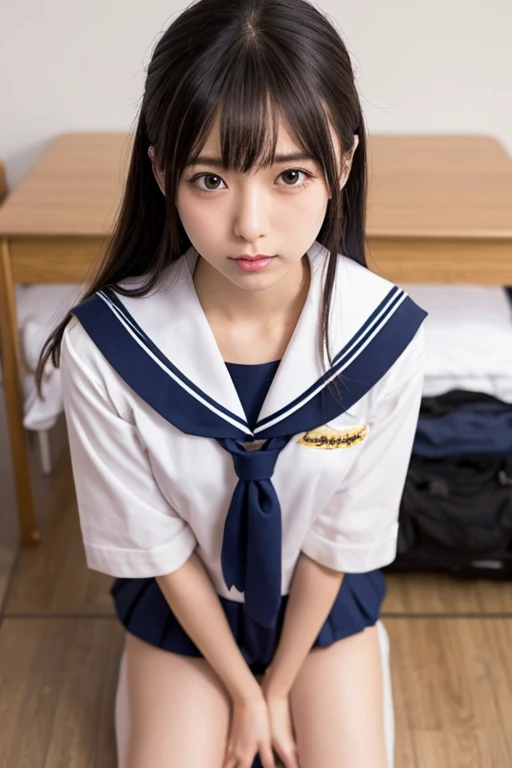 Japanese student uniform、a sailor suit、a junior high school student、crouching down、((I can see panties))、Open your legs、((a bed))、Fallen、room at night、Perplexed、Troubled face、Please open your legs and show me your crotch.......、Please lift up your skirt..、