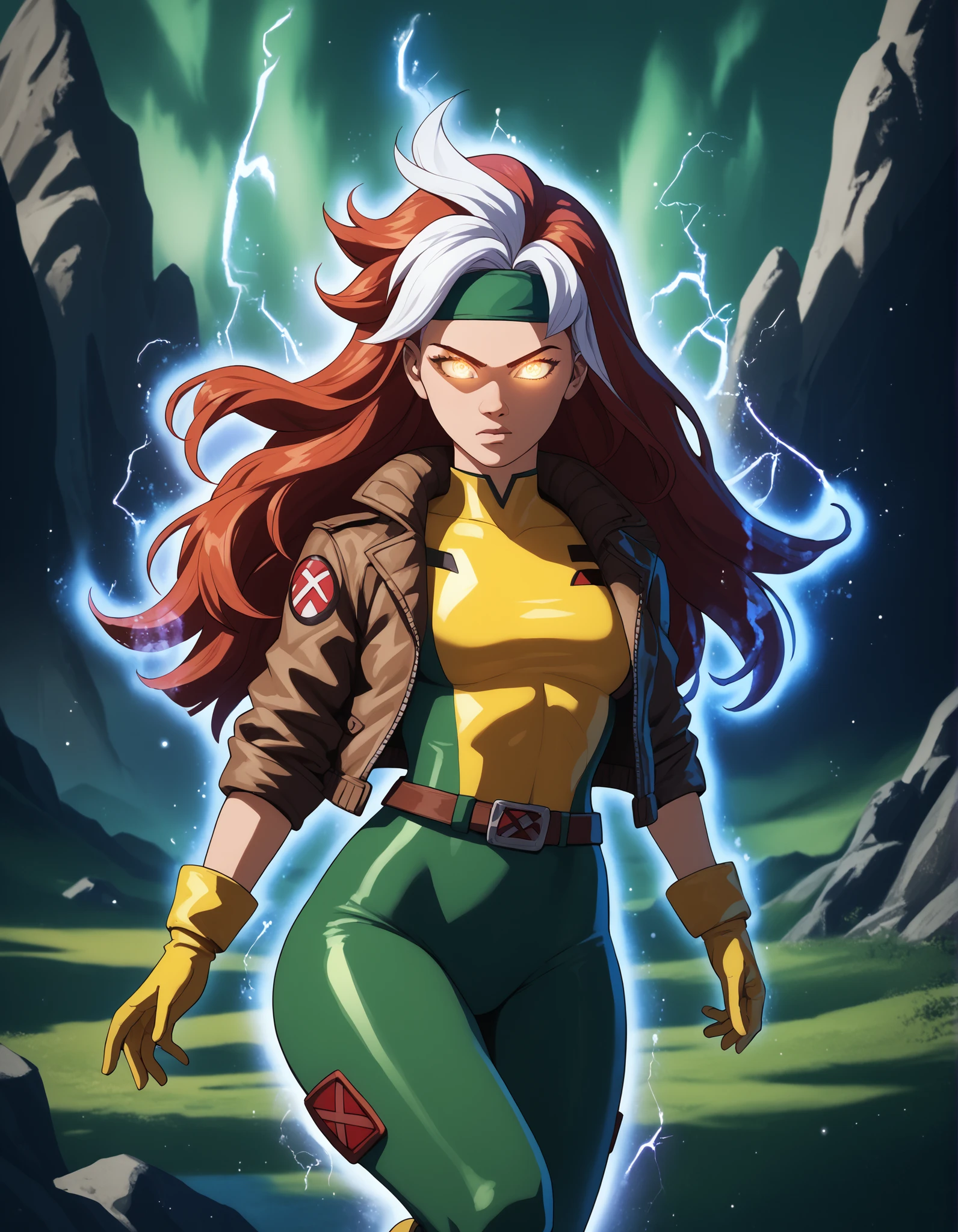 score_9, score_8_up, score_7_up, source_anime, 1girl, solo, DEFrogue, long hair, dyed bangs, headband, bodysuit, jacket, yellow gloves, belt, cr4ckl3, electricity, glowing eyes, whiteglow, outdoors, floating, full body, aura energy, UltraInstInctAura, aura, light particles, glowing skin, glowing clothes,