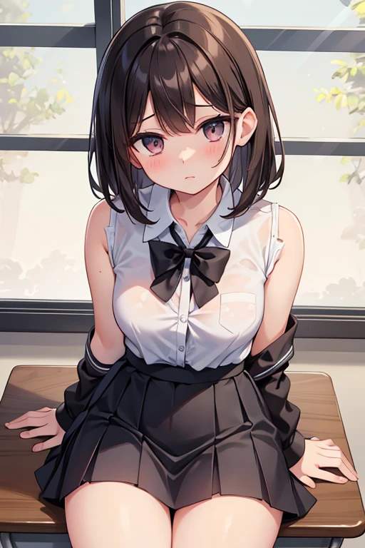 ((best quality)), ((masterpiece)), (detailed) ,white shirt, black skirt, black pantyhose, dark brown hair, ponytail, long bangs, medium breasts, thighs, red eyes, hair ornament, golden earrings, pantyshot, white panties, panties under pantyhose, sitting, from above, black pantyhose,