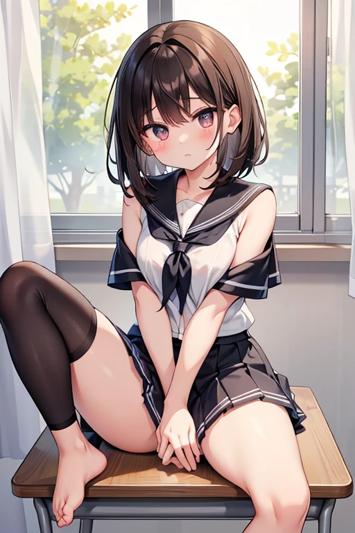 Top quality, masterpiece, High resolution, (Head to toe full body), front, frontやや下からの構図, Symmetric, Tall 18 year old girl, alone, (Head to toe), (Small breasts), Unkempt brown hair, bangs, (black tights), (Black Pantyhose), (Sit with your legs apart), (Crouching pose), (A composition showing white panties), (Her legs were spread、I see your white pants.), (I was made to sit on the floor with my legs spread..), (M-shaped legs), Thin legs, A very beautiful and tall 18 year old girl, (No shoes), blush, Shy big eyes, looking at the camera, Blazer Uniform, Checkered Pleated Skirt、Yuzaki Riko