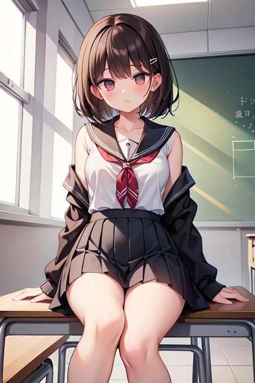 Dynamic posing, dynamic angle, Arrange pose,Top quality work，Show Legs，(short black hair),(blue eyes), Rose cheeks, Pretty Face, A perfectly proportioned face, school shirt with red bow and black skirt, (school uniform), white stockings，in classroom，full-body view， amazing, Large round chest、Beautiful eye details、Beautiful eyelashes、beautiful double eyelid, with blush cheeks, talking to viewer, (handsome boy), boy grab her breast
