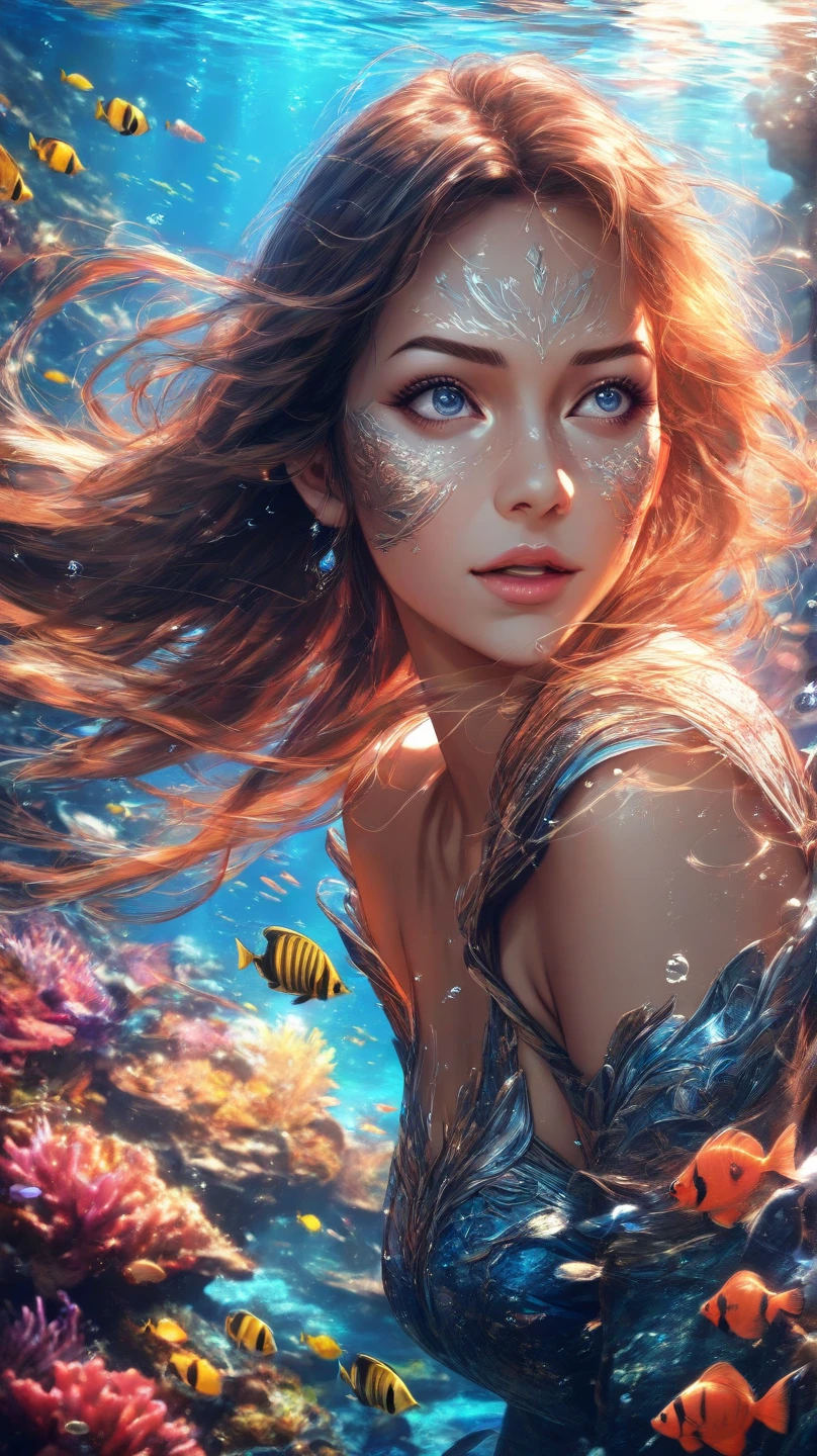 golden hour, front view oil painting of a woman with face of Winona Ryder morphed with Angelina Jolie laughing with gigantic hairdo floating on water, giraffe morphed with lion emerges from water in the background, tears of joy, storks, stunning digital illustration, beautiful fantasy art portrait, a beautiful artwork illustration, charlie bowater rich deep colors, artstyle tom bagshaw, beautiful digital illustration, beautiful fantasy portrait, portrait of a dark fantasy nymph, exquisite digital illustration, in style of anna dittmann