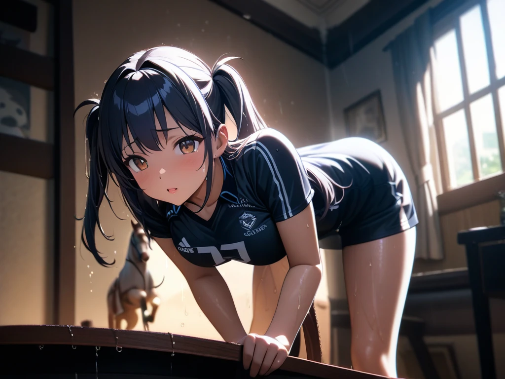 (Photorealistic:1.5), (masterpiece、Highly detailed 8K CG、Sharp lines:1.4), (deep focus:1.7), Smooth Anime CG Art, Beautiful anime girl, (20year-old beautiful girl:1.5), Detailed skin, (gleaming skin:1.7), short-hair, (Beautiful black hair:1.2), brown Eye, (many streaming sweat:1.0), (slim:1.4), (full body:1.5), (student clothes:1.5), solo, (one girl:1.4), (Inside the classroom:1.4), (blush:1.5), (anguish:1.4), (open mouth:1.4), (Lots of clear drool overflows from her mouth and drips from her chin.:1.2), (half closed eyes:1.0), (crying:1.4), (short sleeve:1.2), (a sailor suit:1.6), (looking away:1.3), (flat chest:1.4), (Dark blue pleated skirt:1.7), (from side:1.1), (all fours:1.8), (many Tentacles clinging to her:1.5), (White socks:1.4), (brown loafers:1.3)