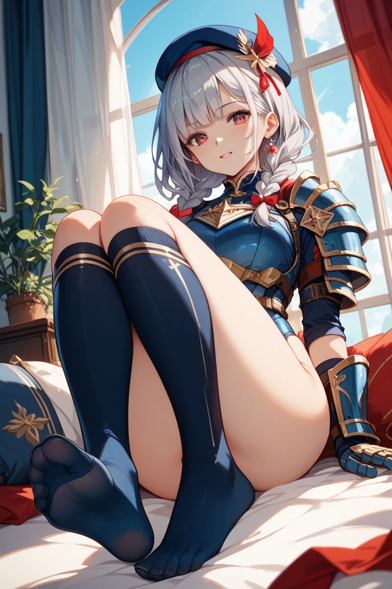 exposed ,Exposed genitals,Detailed details,Artoria Pendragon,Kizi ,19years old,White hair,Armour,Golden pupils,palaces,Leg to knee,with thin legs,fresh flowers,8K,Lewd expression,Blushing,