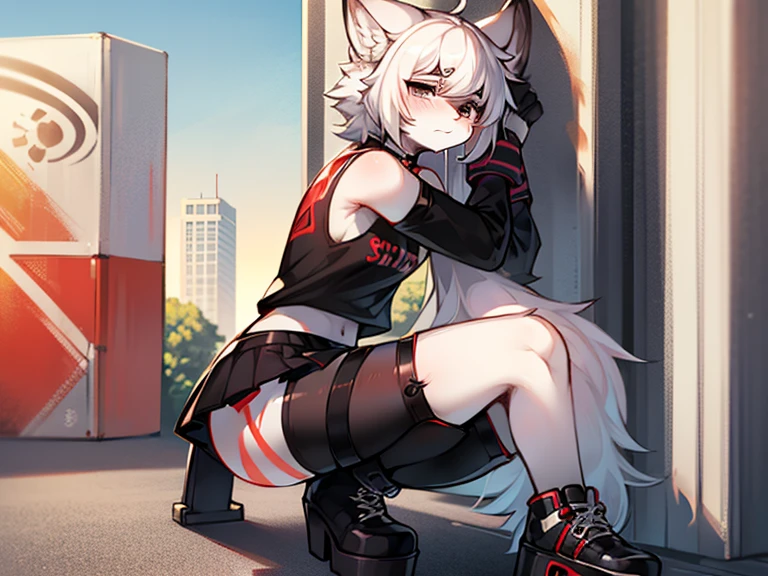 short, tiny, furry, white fur, ultra cute face, red elements on fur, breasts, glowing t-shirt, beautiful lights and shadows, ultra detailed fur, volumetric light, crop top, choker, smirk, side-angle, spiked bracelet, kneesocks, makeup