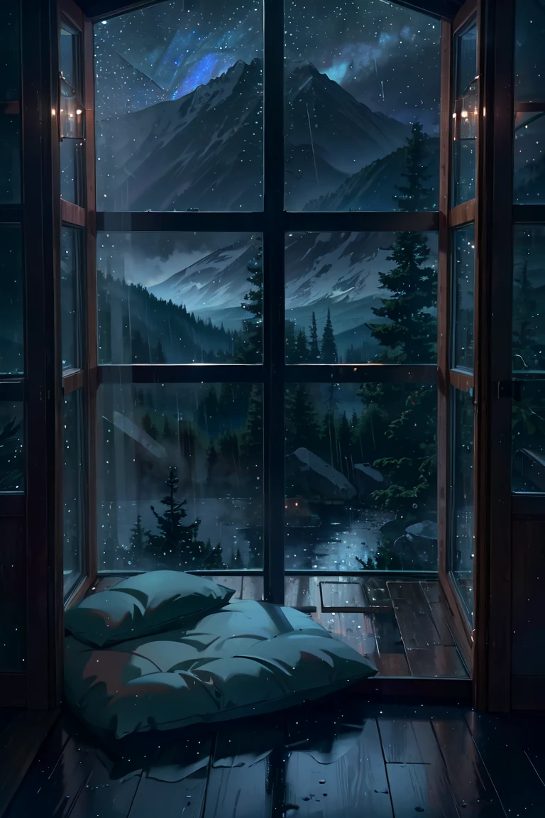 (best quality ,4k ,,high resolution,ultra detailed,masterpiece:1.3), window with raindrops, night scene, soft warm indoor lighting, window view, lake outside the window, starry sky, mountains in distance, dark forest, falling rain, peaceful atmosphere, moody lighting, cinematic, cozy aesthetic