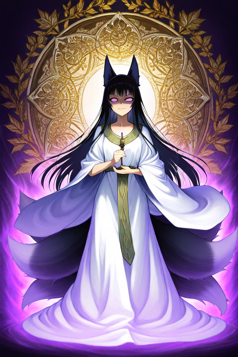 (90s anime style) masterpiece, beautiful gitana woman, fortune teller, sitting on a table with cards on her hands, wolf behind her, night, dark hair,