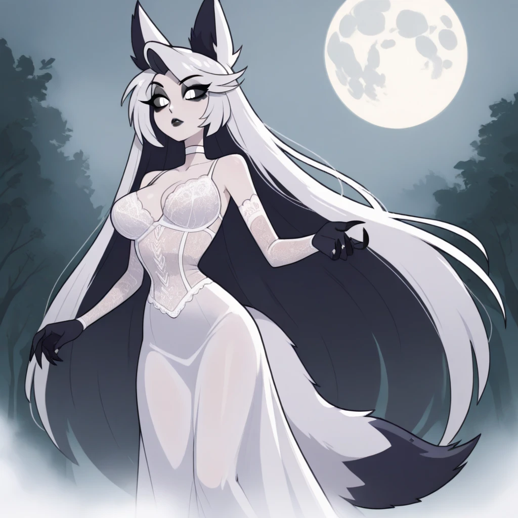 score_9, score_8_up, score_7_up, 1girl, solo, fullbody, (fox:1.2),
(long wavy white hair), glowing red eyes, (ram horns:1.2), angel halo, (fox ears, fox tail), tanned skin, sideboob, underboob, warm dress.