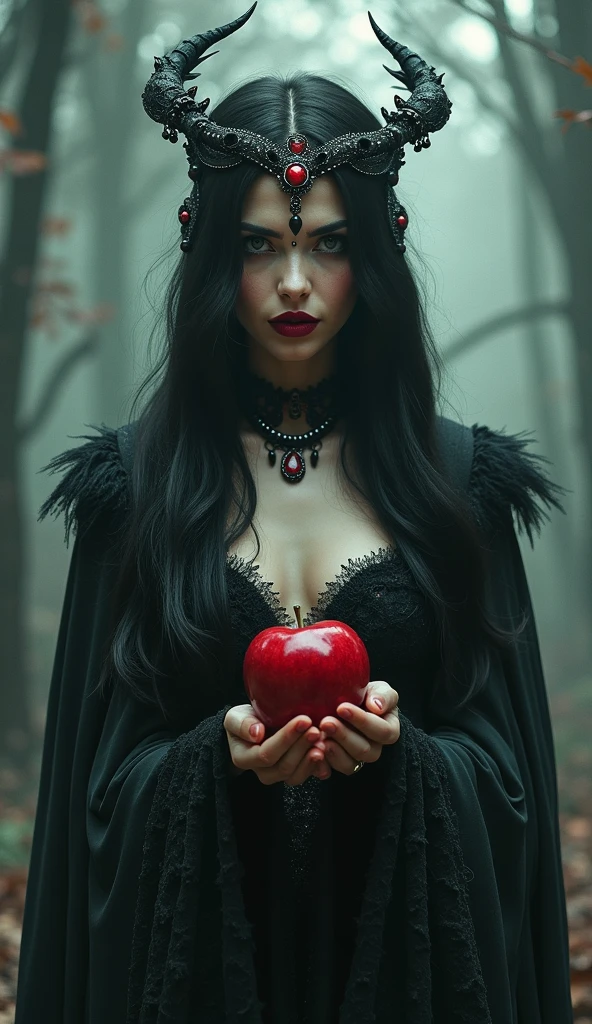 ((RAW Photo), absurd, (absurdresolution)), masterpiece, best quality, (Extremely detailed 8k unity CG wallpaper), (best illustration), (best shadow), Realistic lighting, beautiful detailed glow, ((21 years old)), girl, long black hair, black queen, accessories, real heart with blood in hand, poisoned apples, witch queen, red lipstick, (((Photographic Perspective of her)))