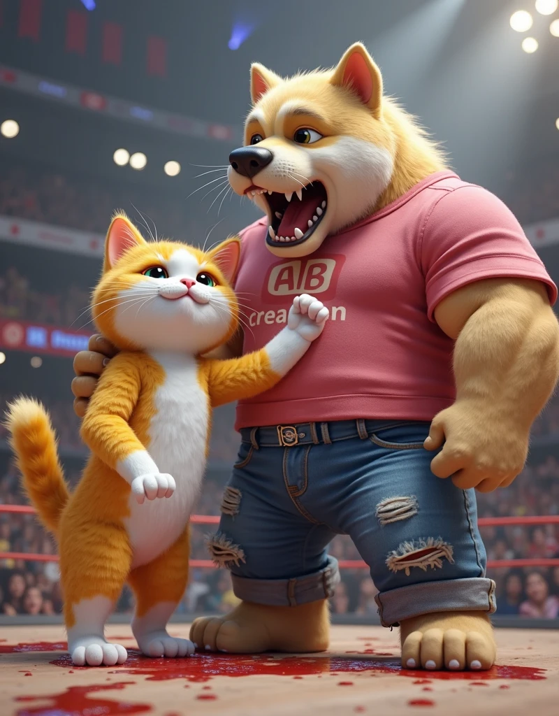 Realistic lightning, tranchant,(Best quality, Masterpiece 1.4),Anthro (saint-bernard:1.2) ,(arm behind back:1.9),(bras tenus par les mains:1.5)(épaules tenues par les mains:1.5),assis, maintenu vers le bas, leaning forward,5 doigts,Chubby,graisse,(musculaire:1.2), Detailed fluffy fur, (detailled eyes:1.1), (realistic fur:1.2),anatomiquement correct, Captured,Abducted,danger, peril,costaud,expression of anger, aboiement,shirt unbuttoned, jeans, detailed body, detailled eyes,pectoraux muscles,Muscular arms,Best quality,,Groupe Anthro Gator applaudissant en arrière-plan, male, tenant une Anthro ,Anthro retenu (berger allemand),impuissant,regard curieux