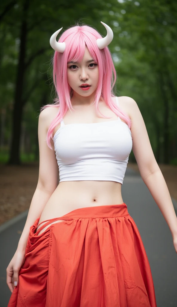 Photorealsitic、Background of Edo Town、hight resolution、独奏、front facing、19 year old beauty with a beautiful face、The eyes are pink and hang、She has long pink hair in a ponytail tied with a yellow ribbon、Wearing a white short-sleeved shirt under a red dress、Touching the buttocks with both hands、Wear a long red skirt with a slit、Squatting on the ground、itting open legs、White underwear is visible、Pubic area visible、Looking at the camera、Embarrassed look