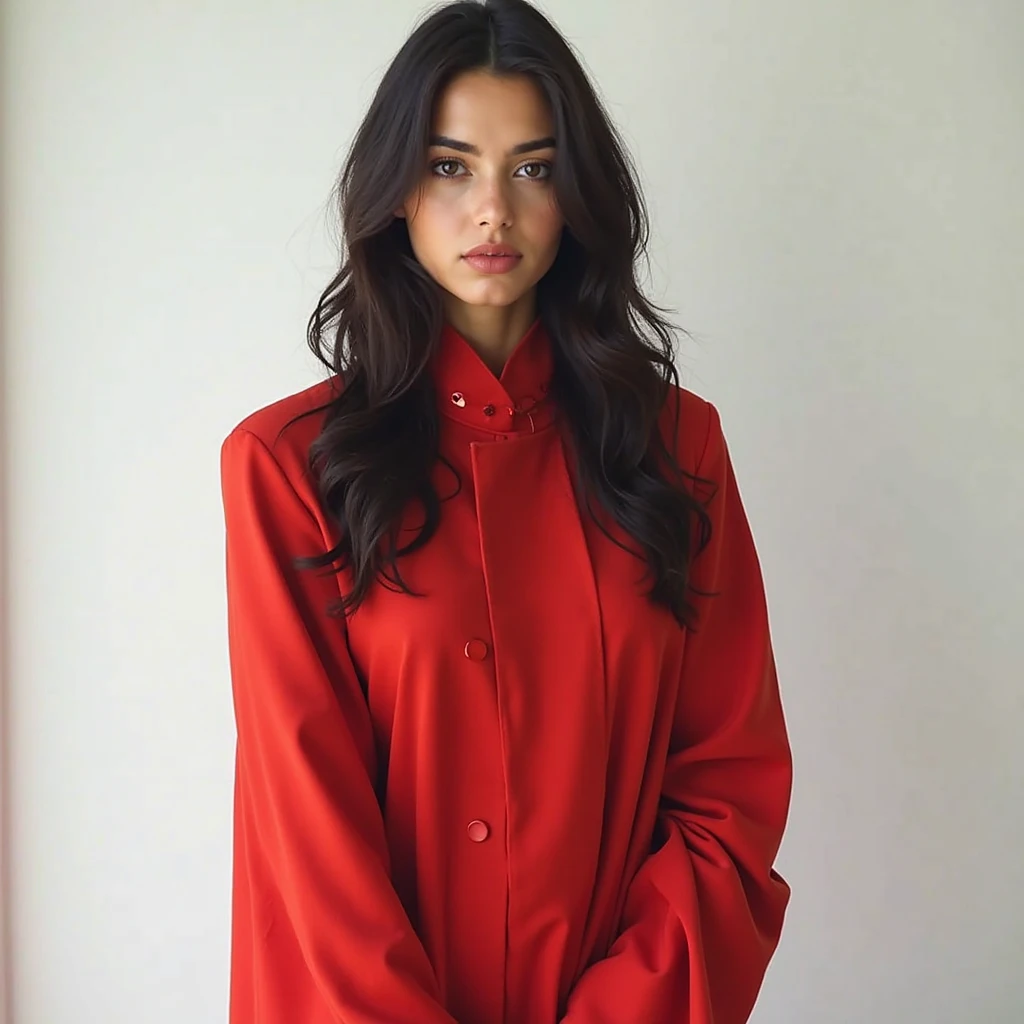 an realistic image of beautiful girl, wearing red outfit, in a red background, realistic photography, perfect figure, photorealistic, long black hairs, photorealistic, skin tone