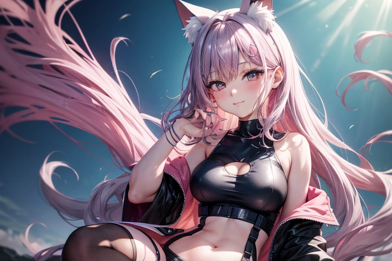 Beautiful foxgirl, big breasts, dark purple hair with pink highlights tips, masterpiece , red eyes, sexy, anime styled, 2D, mature, dynamic angle, long hair, fox tails, best quality, extremely detailed face, sharp details, high contrast, black bikini, beach, night time