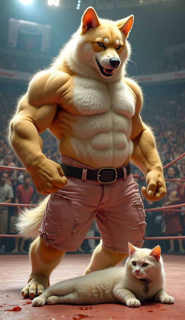 Skinny old big bad wolf with white beard in a gym training three fat pigs