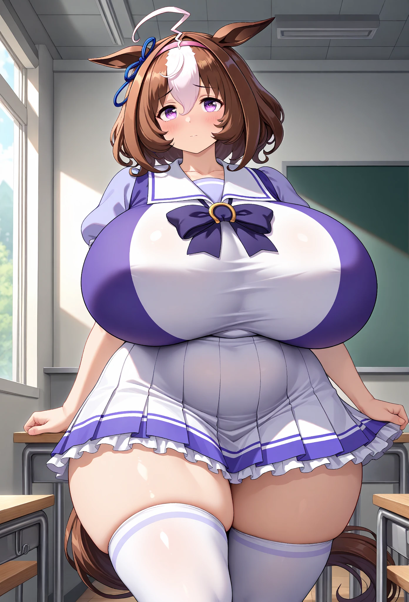 1girl,(gigantic breasts:1.3),thighhighs,thick thighs,wide hips,(white shirt,pleated skirt,serafuku:1.3),short hair,glasses<lora:2b213:1>