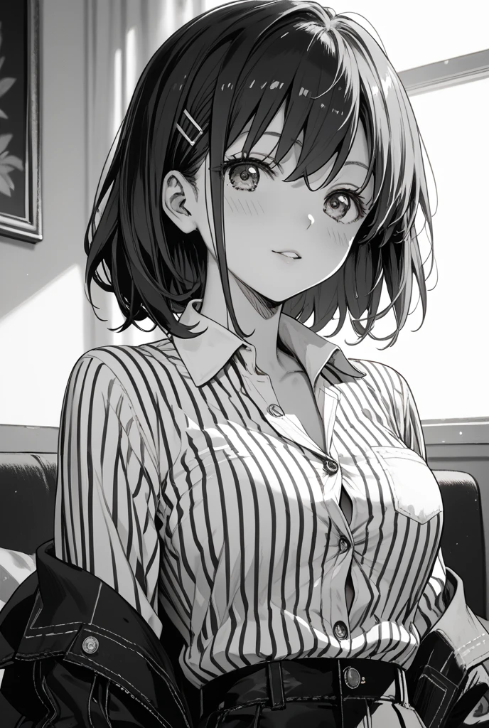 (masterpiece, highest quality:1.2), High resolution, (((grayscale, Monochrome))),
One girl, alone, smile, Lips parted, Sweat, Steaming body,
, Medium chest,
Dress shirt, Long sleeve, clavicle, Open shirt, No bra, belly button,
indoor, Straight, View Viewer,
katou megumi、Shiny brown hair, short hair, Beautiful brown eyes、smile、Sparkling eyes, (Fine grain)、Ultra-detailed eyes、Highly detailed face, Highly detailed eyes,