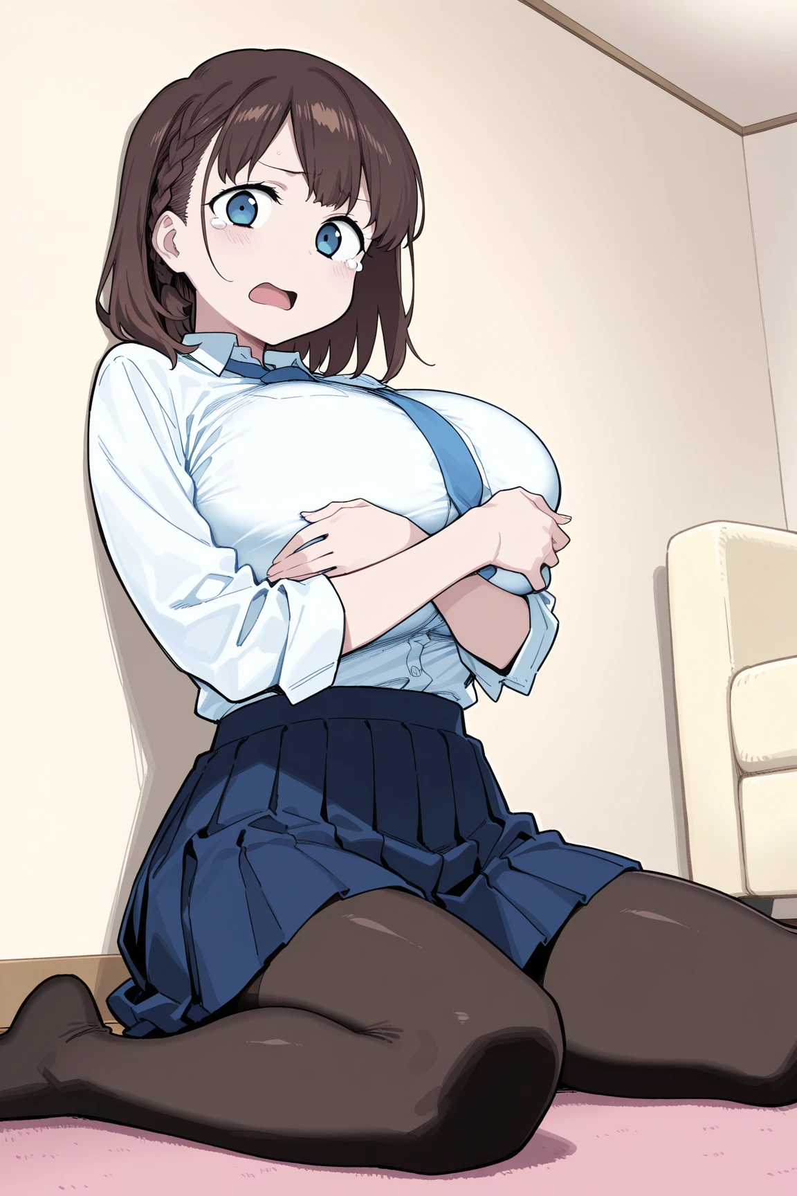 G-Cup masterpiece highest quality High resolution Inner thighs Hold the skirt tightly Confused face Brown Hair Soft and fluffy older sister Married Woman Hold the crotch Hold the pee