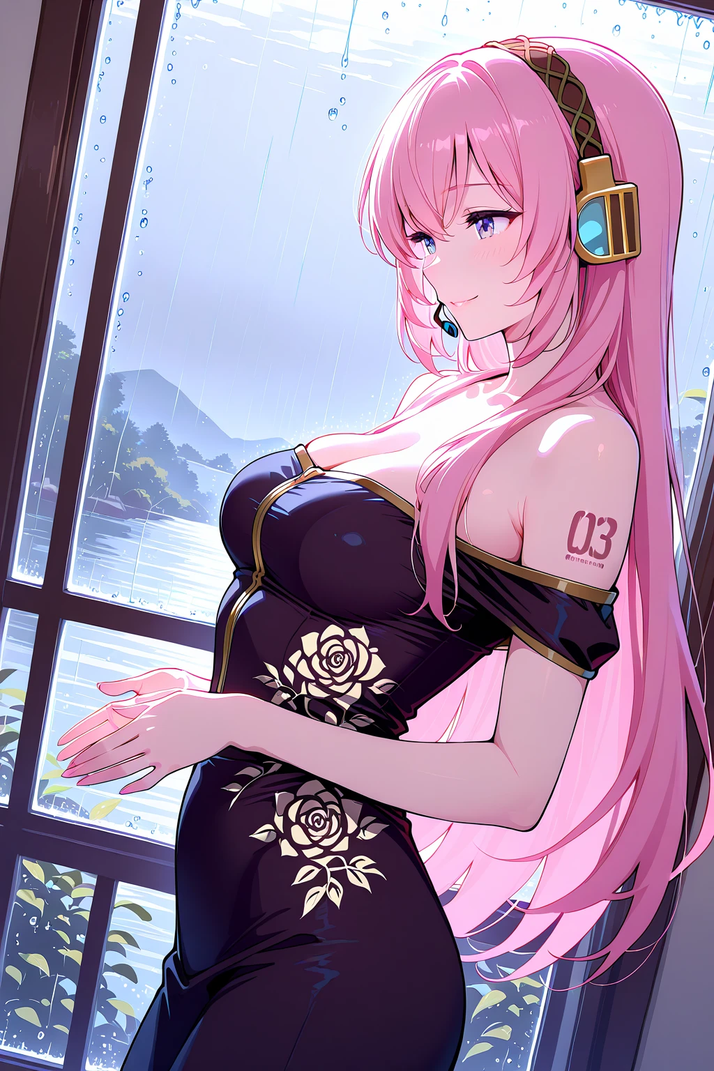 8K, 4k, highest quality, High resolution: 1.2), (masterful, realistic, Photoreal: 1.4), 1 woman, Older sister's atmosphere、beautiful face, she has a bright smile、open your mouth、beholder, Fair skin, white skin: 1.5), Fine complexion, big, big, headband bangs, , young, s asack-view、big ass、super breasts、H cup、lower hair、Rear view、exposed nipples、T-back that digs into your butt、wear a white thong、emphasize the buttocks、ホワイトカラーのCalvinKleinTバック、CalvinKlein、cute long hairstyle、wear high heel boots、CalvinKleinの下着だけ、topless、SFW Giant、azur lane、Bremerton、pink hair color