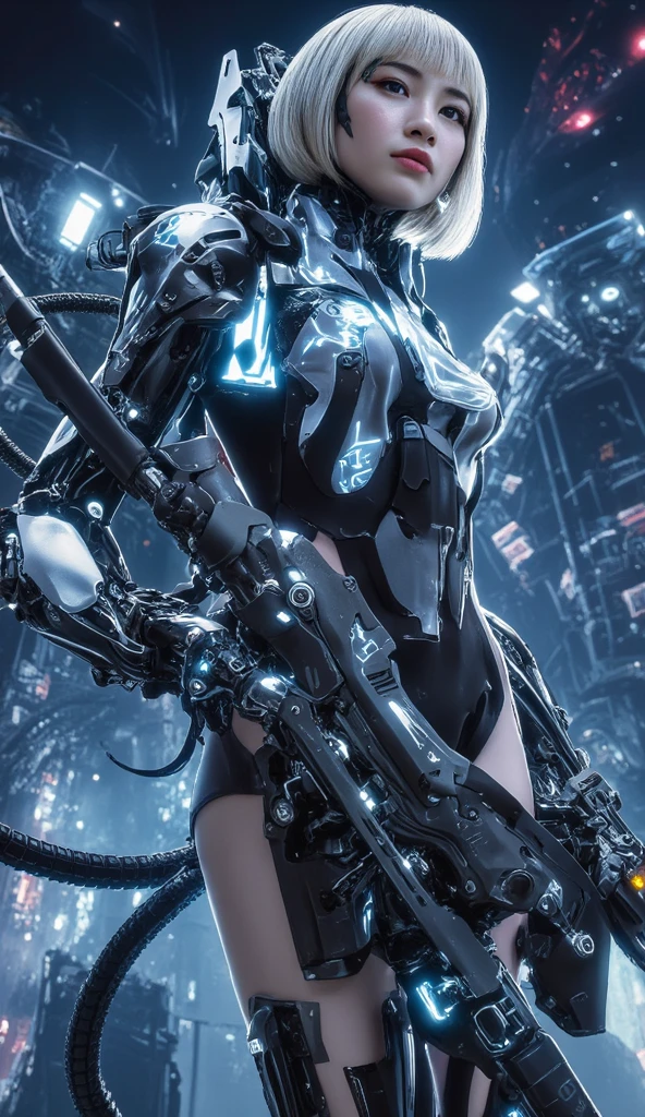 1girl, ultra realistic, ultra crisp, NVIDIA RTX, unreal engine, perfect slim body, realistic face, perfect face, realistic body, epic skin details, white hair, hair blown with strong winds, hyper rendering, ultra details, glowing eyes, purple eyes, blush, parted lips, cybernetic ear, cybernetic metalic hands, cybernetic metalic legs, luminous cybernetic futuristic metalic mechanical body, ultra realistic lights reflection details, ((full body shown)), from below, posing in the middle.