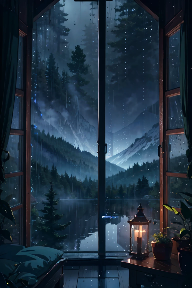 (best quality ,4k ,,high resolution,ultra detailed,masterpiece:1.3), window with raindrops, night scene, soft warm indoor lighting, window view, lake outside the window, starry sky, mountains in distance, dark forest, falling rain, peaceful atmosphere, moody lighting, cinematic, cozy aesthetic