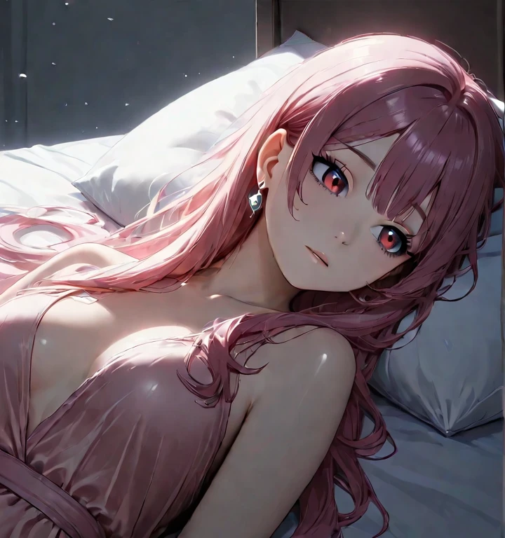 (Best Quality,High resolution,8K,finelity detailed background,Masterpiece:1.2),beautiful girl,Shiny pink hair,messy hair,Pink eyes,Gentle look,A refreshing look,Best quality,Best Quality,Aesthetic and aesthetic:1.2,Best details((Super detailed))(High-definition CG illustrations),cuteパジャマ,Slender body,night,Moonlight,Bedroom,On the bed,smile,blush,cute,Scrounge,Looking up,Being spoiled,super model,wariza,shoot from below